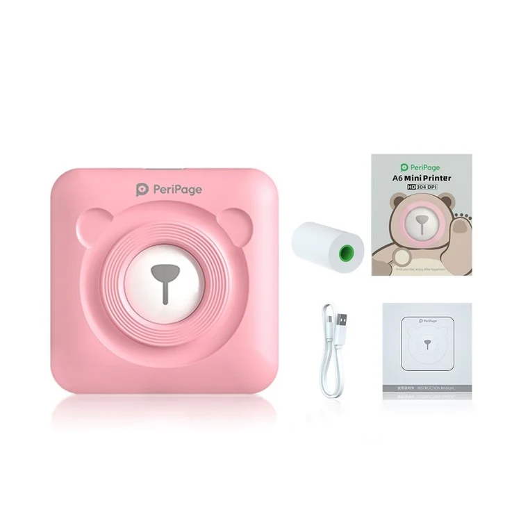 PERIPAGE A6 2e imprimante thermique pour téléphone portable étudiant photo HD 304 dpi Bluetooth Mini imprimante portable pour étiquette Manuel - Rose