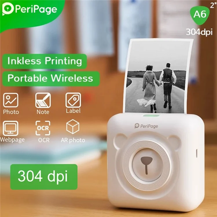 PERIPAGE A6 2nd Thermal Printer for Student Mobile Phone Photo HD 304dpi Bluetooth-compatible Portable Mini Printer for Label Handbook - White