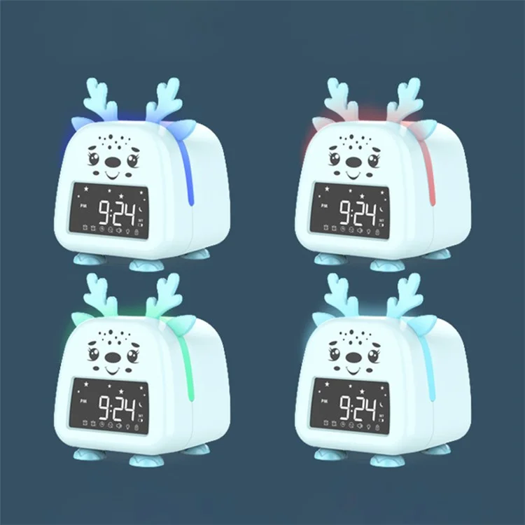 Js2726d Niedliche Cartoon Elch Kinder Kinder Schlaftraining Wecker LED Night Light Digitaluhr - Baby Blau