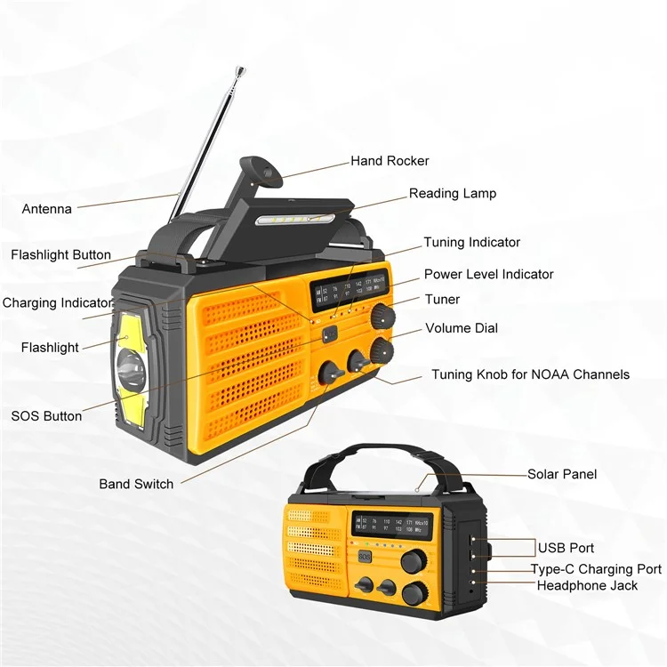 MD-091 AM/FM/NOAA Radio 8000mah Flashlight Emergency Meteo Radio Porta Utilizzabile Manuale di Ricarica Solar Adde di Ricarica Luce di Lettura - Arancia