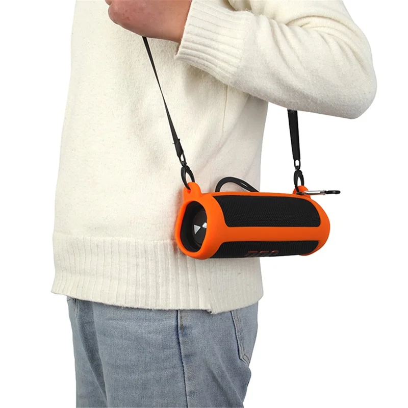 For JBL Flip 6 Silicone Carrying Case Bluetooth-compatible Speaker Protective Cover with Shoulder Strap and Carabiner - Orange