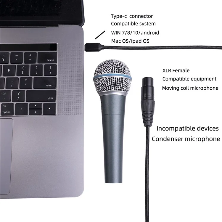 TY20F 3m Type-C Male to XLR Female Mic Audio Cable Microphone Recording Cord