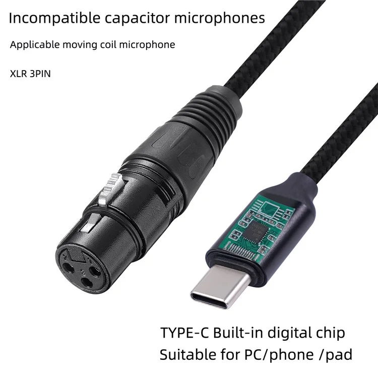 TY20F 3m Type-C Male to XLR Female Mic Audio Cable Microphone Recording Cord