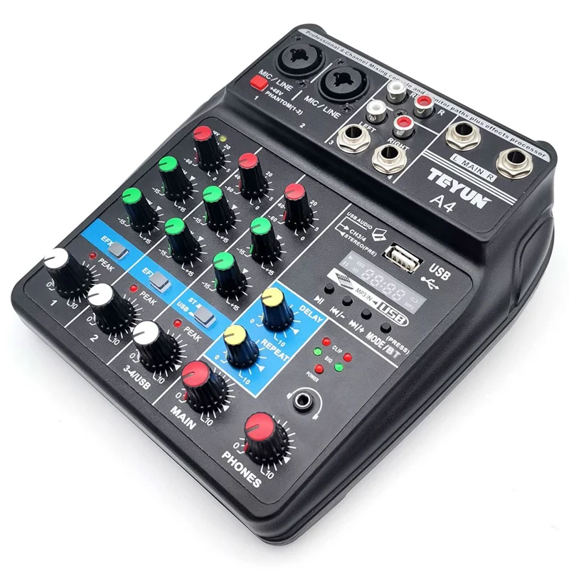 TEYUN A4 4-Channel Small Microphone Digital Audio Mixer DJ Live-Streaming Studio Mixer Sound Board Console System - US Plug