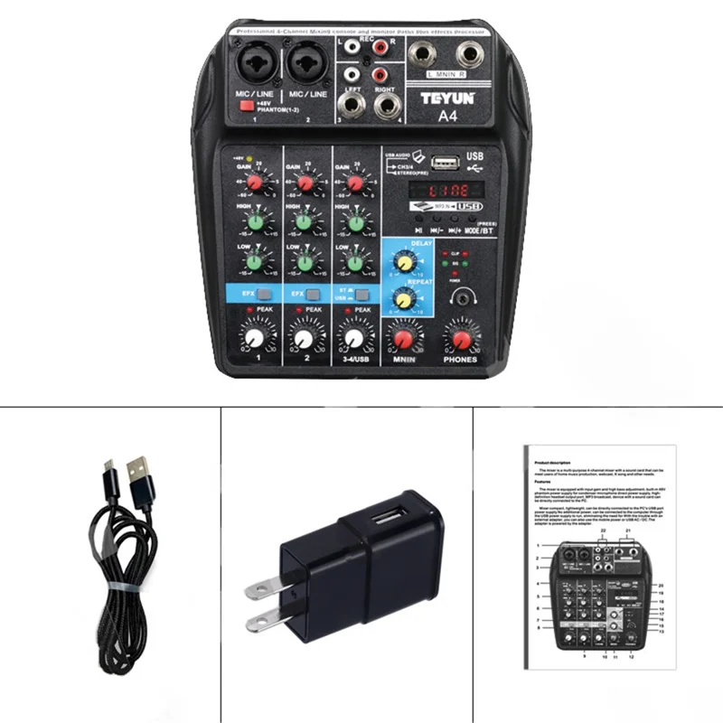 TEYUN A4 4-Channel Small Microphone Digital Audio Mixer DJ Live-Streaming Studio Mixer Sound Board Console System - US Plug