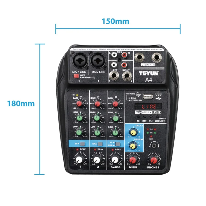 TEYUN A4 4-Channel Small Microphone Digital Audio Mixer DJ Live-Streaming Studio Mixer Sound Board Console System - US Plug