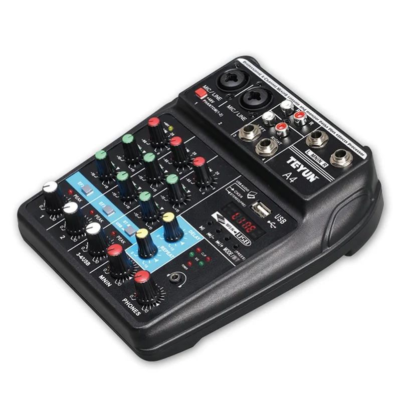 TEYUN A4 4-Channel Small Microphone Digital Audio Mixer DJ Live-Streaming Studio Mixer Sound Board Console System - US Plug