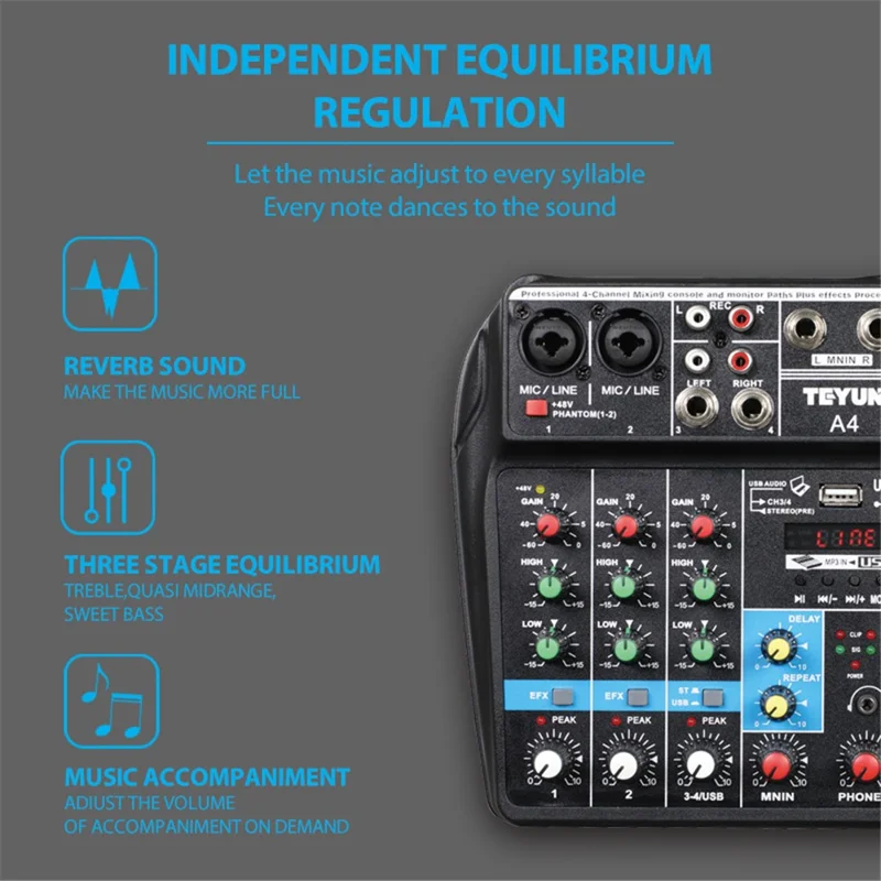 TEYUN A4 4-Channel Small Microphone Digital Audio Mixer DJ Live-Streaming Studio Mixer Sound Board Console System - US Plug