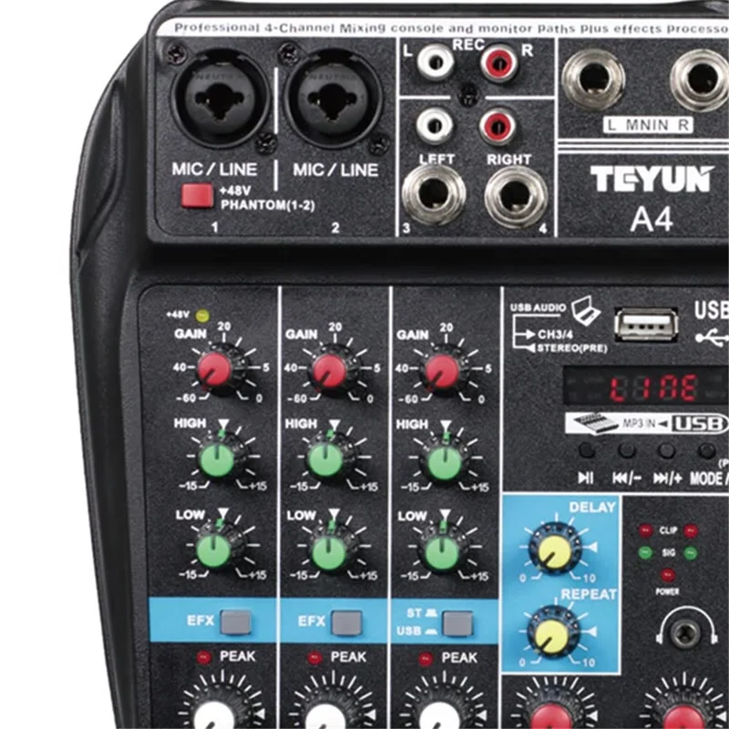 TEYUN A4 4-Channel Small Microphone Digital Audio Mixer DJ Live-Streaming Studio Mixer Sound Board Console System - US Plug