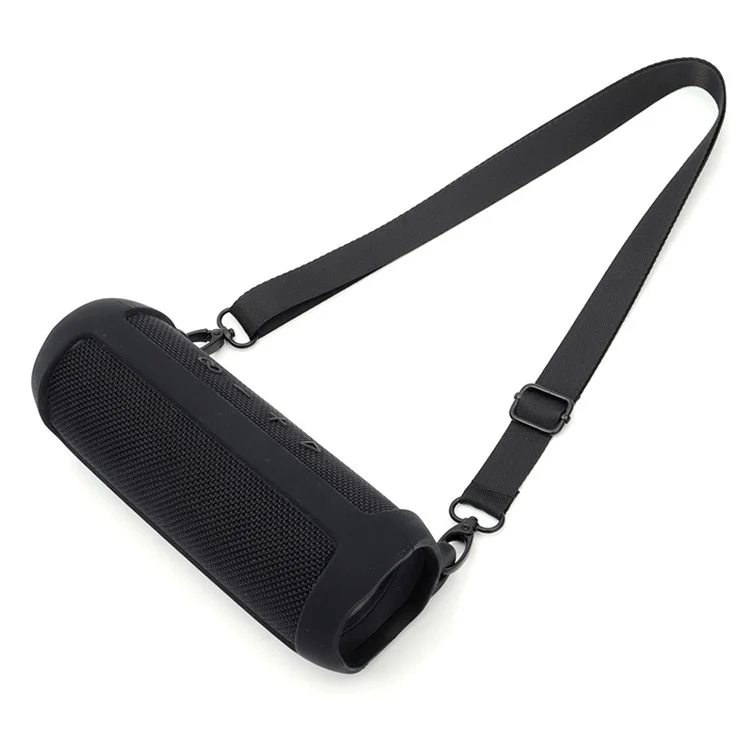 For JBL Flip 5 Bluetooth Speaker Protective Case Anti-drop Silicone Cover with Shoulder Strap and Carabiner - Black