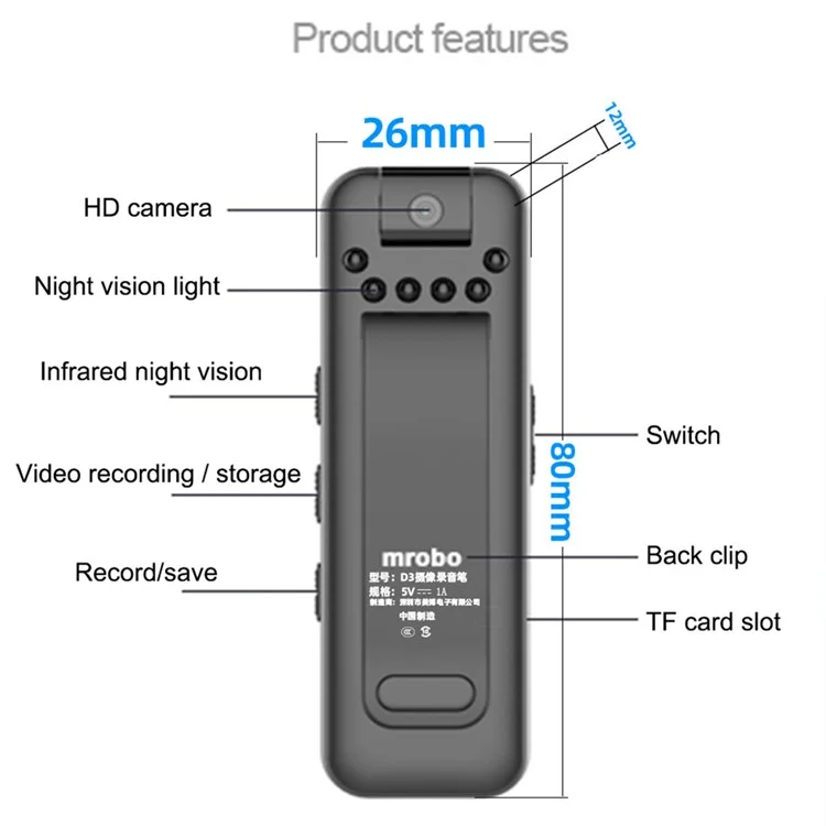 MROBO 16G Portable 1080p Voice Recorder Com Clipe Traseiro de 180 Graus Câmera Redução de Ruído de Áudio Dispositivo de Gravação de Áudio