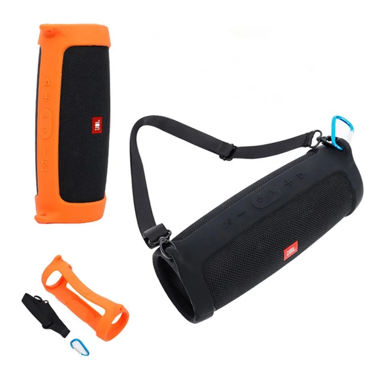 For JBL Charge 4 Case Bluetooth-compatible Speaker Silicone Cover with Shoulder Strap and Carabiner - Orange