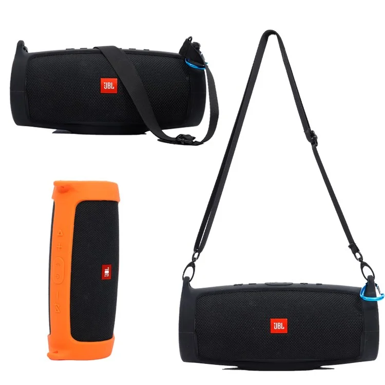 For JBL Charge 4 Case Bluetooth-compatible Speaker Silicone Cover with Shoulder Strap and Carabiner - Orange