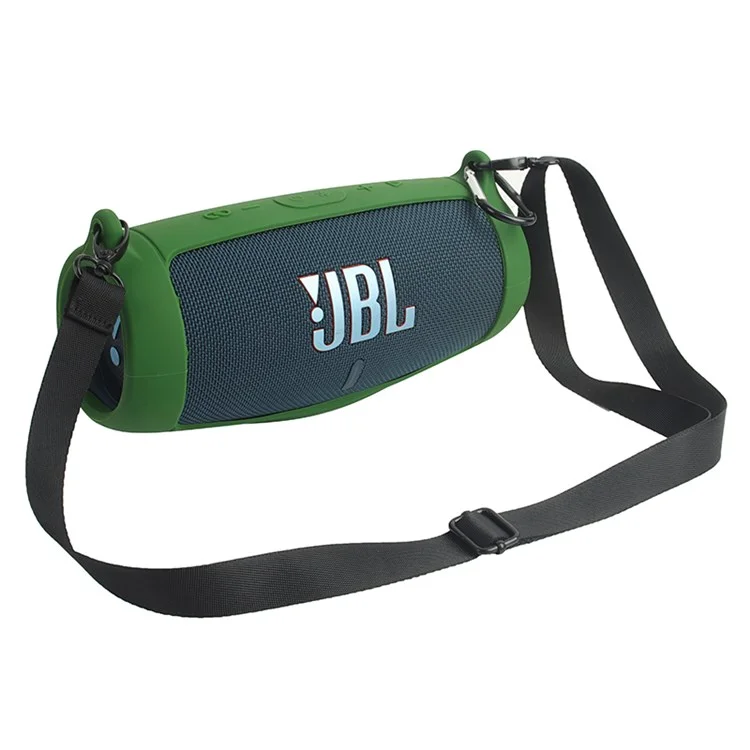 Für JBL Charge 5 Silikon-Tragetasche Bluetooth-Lautsprecher Sturz-Schutzhülle mit Schultergurt und Karabiner - Armeegrün