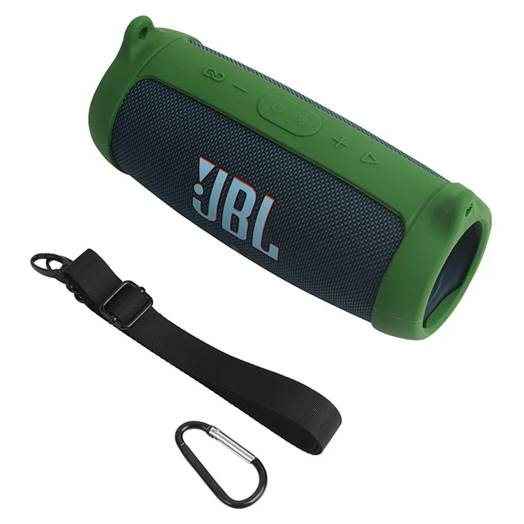 Für JBL Charge 5 Silikon-Tragetasche Bluetooth-Lautsprecher Sturz-Schutzhülle mit Schultergurt und Karabiner - Armeegrün