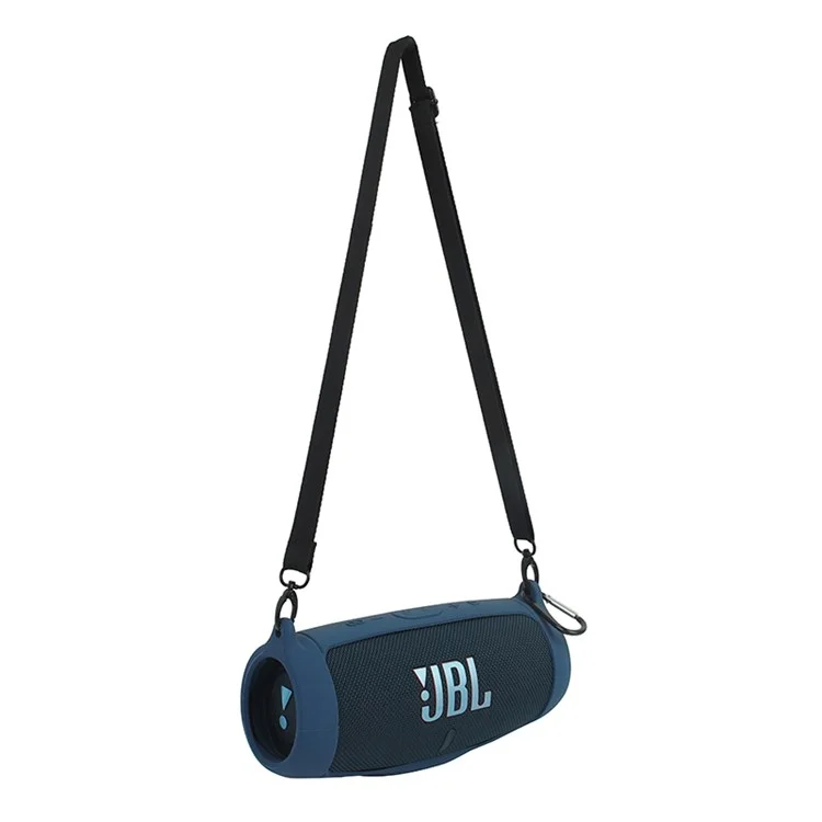 For JBL Charge 5 Silicone Carrying Case Bluetooth-compatible Speaker Anti-drop Protective Cover with Shoulder Strap and Carabiner - Navy Blue