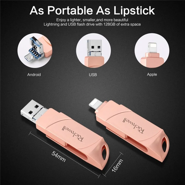 RICHWELL DN-PG31 128GB External Storage Memory Stick Flash Drive 3 in 1 Lightning/Micro/USB Swivel U Disk - Argento