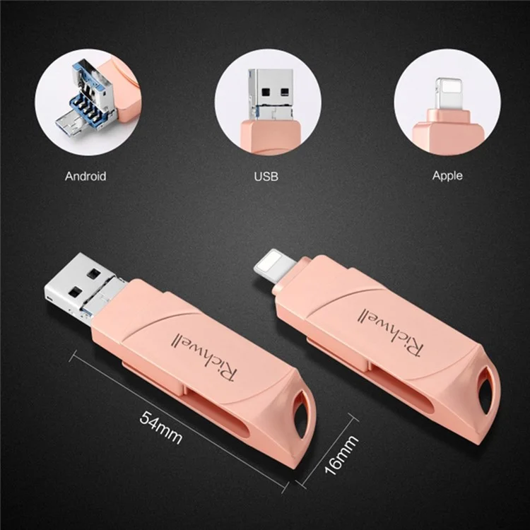 RICHWELL DN-PG31 16GB Unidad de Almacenamiento de Datos Flash 3 en 1 Lightning/Micro/USB Disco USB Giratorio - Plata