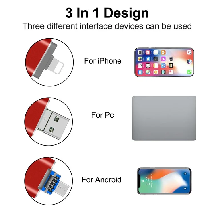 RICHWELL R-01B 16GB 3 in 1 Bastone Fotografico per iPhone Android PC, Plug and Play USB 3.0 Flash Drive Memory Stick - Rosso