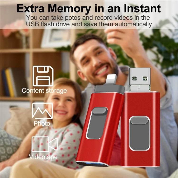 RICHWELL R-01B 16GB 3 in 1 Bastone Fotografico per iPhone Android PC, Plug and Play USB 3.0 Flash Drive Memory Stick - Rosso