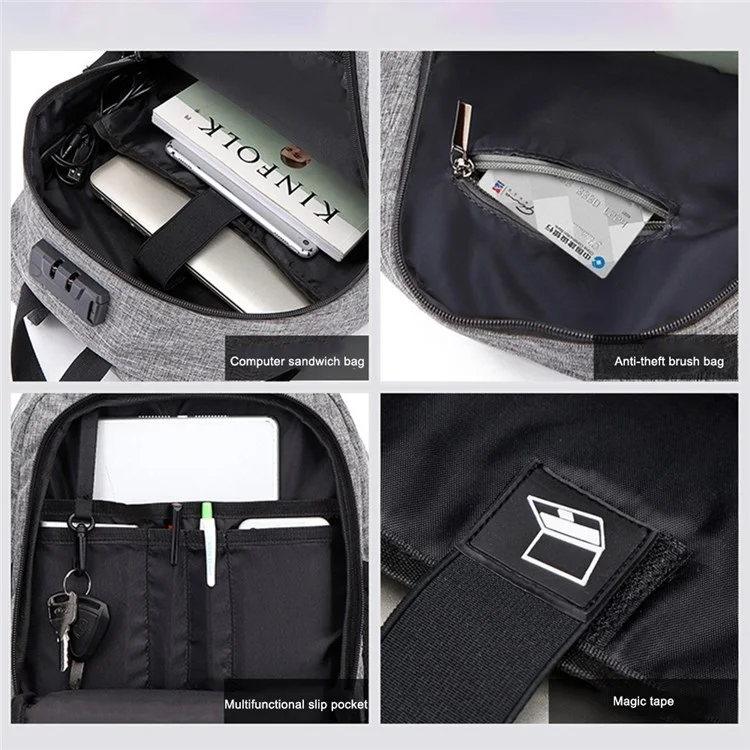 ZZRS PC6016C Anti-theft Backpack Lock and Scratch Resistant Waterproof Travel Bag Daypack Student Bookbag with Exterior USB+3.5mm Audio Port - Light Grey