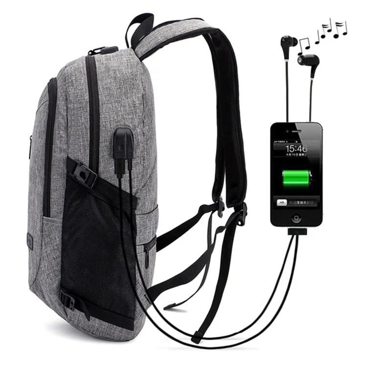 ZZRS PC6016C Anti-theft Backpack Lock and Scratch Resistant Waterproof Travel Bag Daypack Student Bookbag with Exterior USB+3.5mm Audio Port - Light Grey