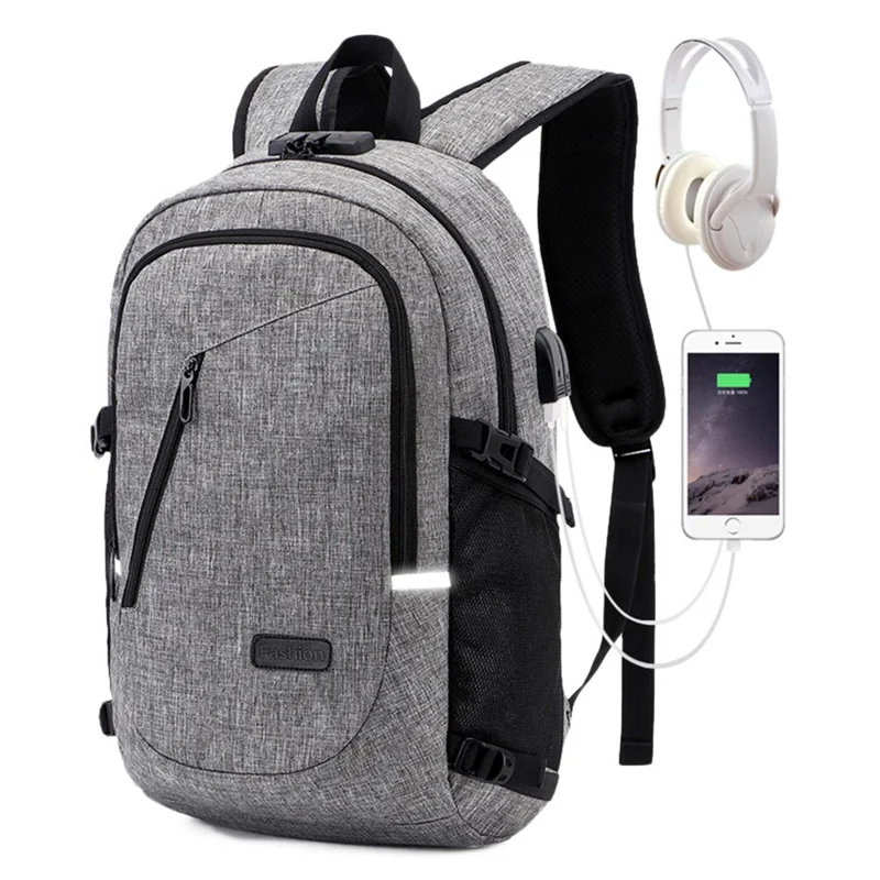 ZZRS PC6016C Anti-theft Backpack Lock and Scratch Resistant Waterproof Travel Bag Daypack Student Bookbag with Exterior USB+3.5mm Audio Port - Black