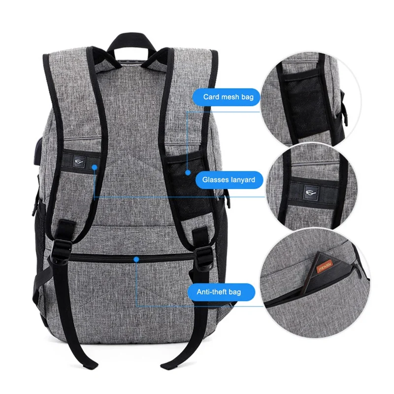 ZZRS PC6016C Anti-theft Backpack Lock and Scratch Resistant Waterproof Travel Bag Daypack Student Bookbag with Exterior USB+3.5mm Audio Port - Black