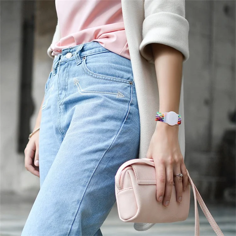For Apple AirTag Nylon Bracelet Watch Band with TPU Anti-Loss Locator Case Holder, with Front Back Film Set - Red