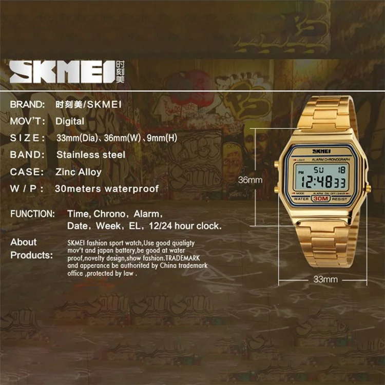 SKMEI 1123 Fashion Men Watch Waterproof Wristwatch Sports Chronograph Clock with Stainless Steel Strap - Gold