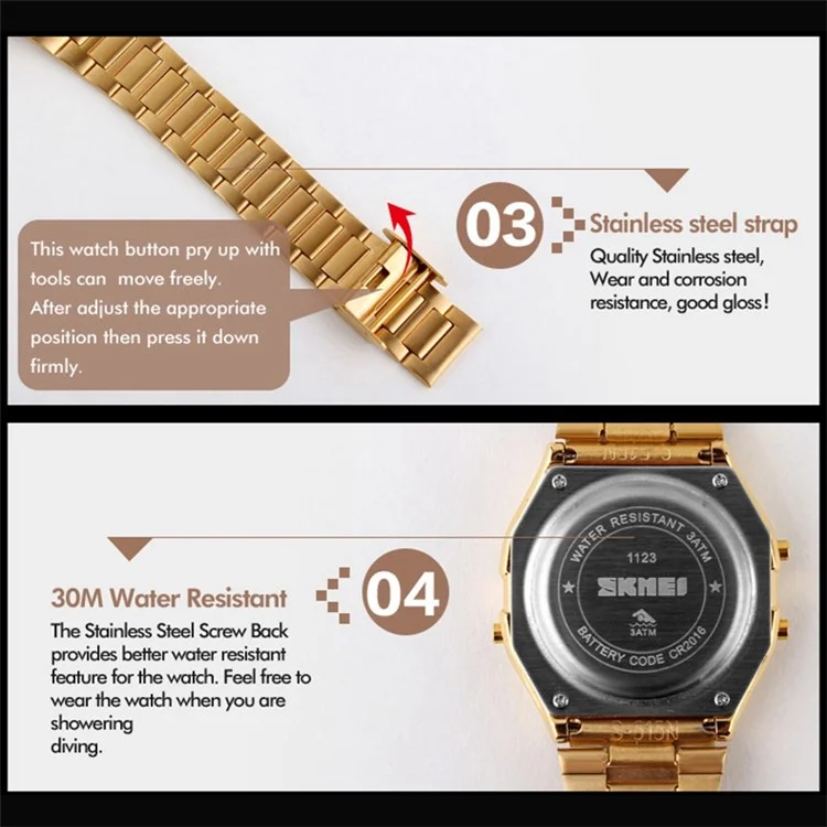 SKMEI 1123 Fashion Men Watch Waterproof Wristwatch Sports Chronograph Clock with Stainless Steel Strap - Rose Gold