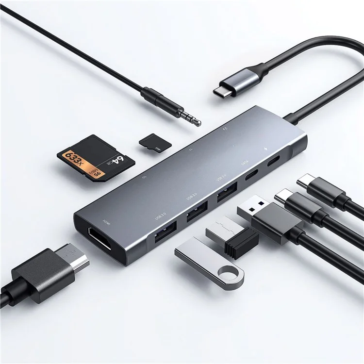 ZT-C909 USB C USB C de 9 Puertos Tipo C a 4K Resolución Adaptador de Video HD + PD + 2 x Ranuras de Tarjeta de Memoria + Puerto de Audio de 3.5 mm + 3 x Puertos USB 3.0 + Puerto Tipo C Compatible Para Computadoras Portátiles y Otros Dispositivos Tipo C