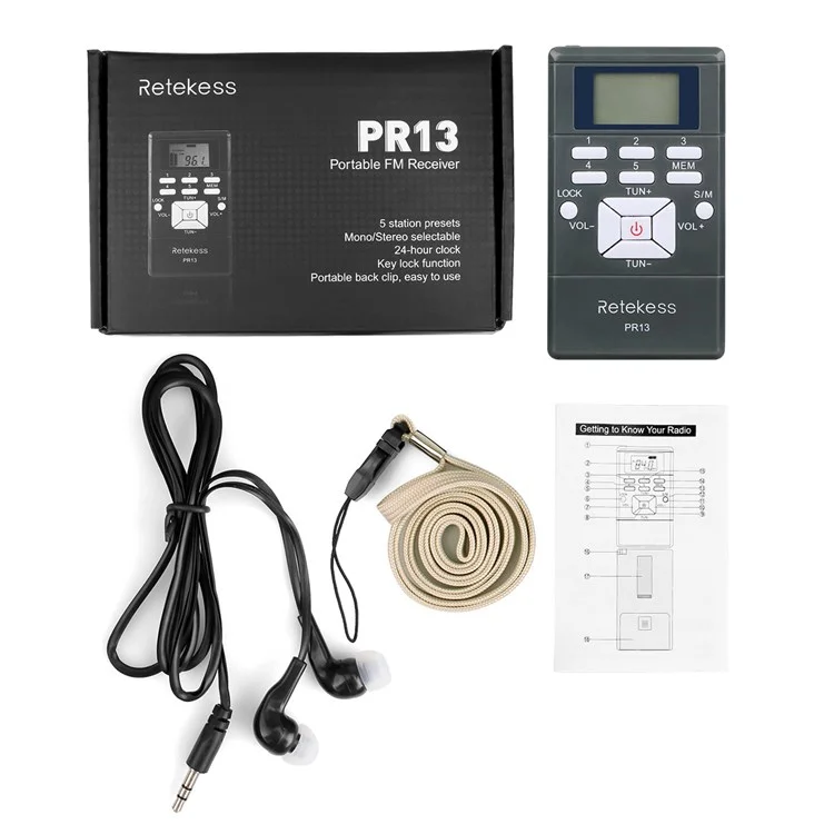 RETEKESS PR13 Portable FM Radio Mono / Stereo Digital Clock Radio with Earphone and Lanyard