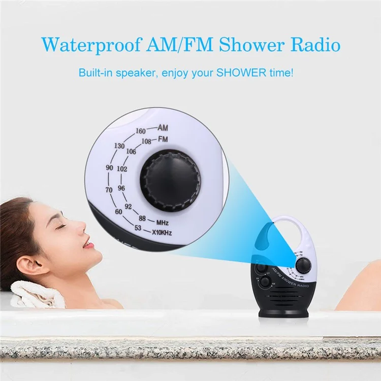 SY-950 Portable Shower Radio AM FM IPX4 Resistente al Agua Altavoz Alimentado por Batería con Asa Superior - Negro