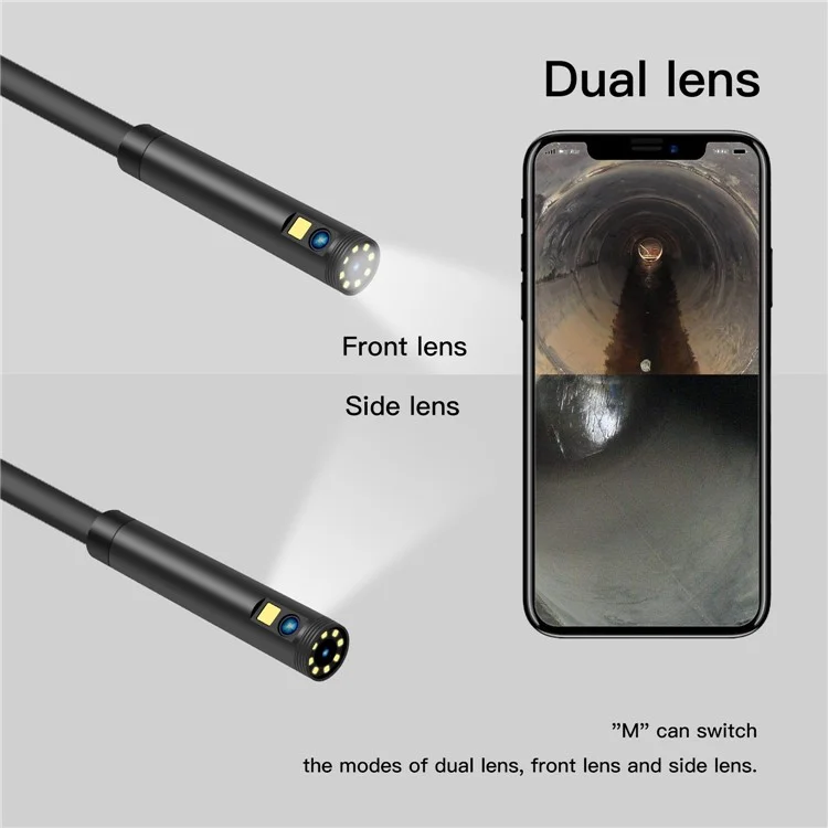 F280 2m Hard Wire 8mm Dual Lens WiFi Industrial Endoscope Dimmable 9-LED Hand-held Waterproof Sewer Pipe Inspection Camera
