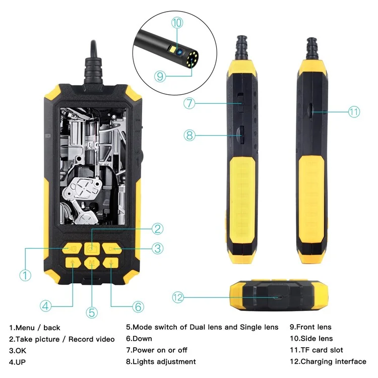 P50 4.5-inch Screen Industrial Smart Phone Endoscope with 8mm / 10m Hard Wire IP68 Waterproof Borescope Scope Camera Dual Lends Inspection Camera