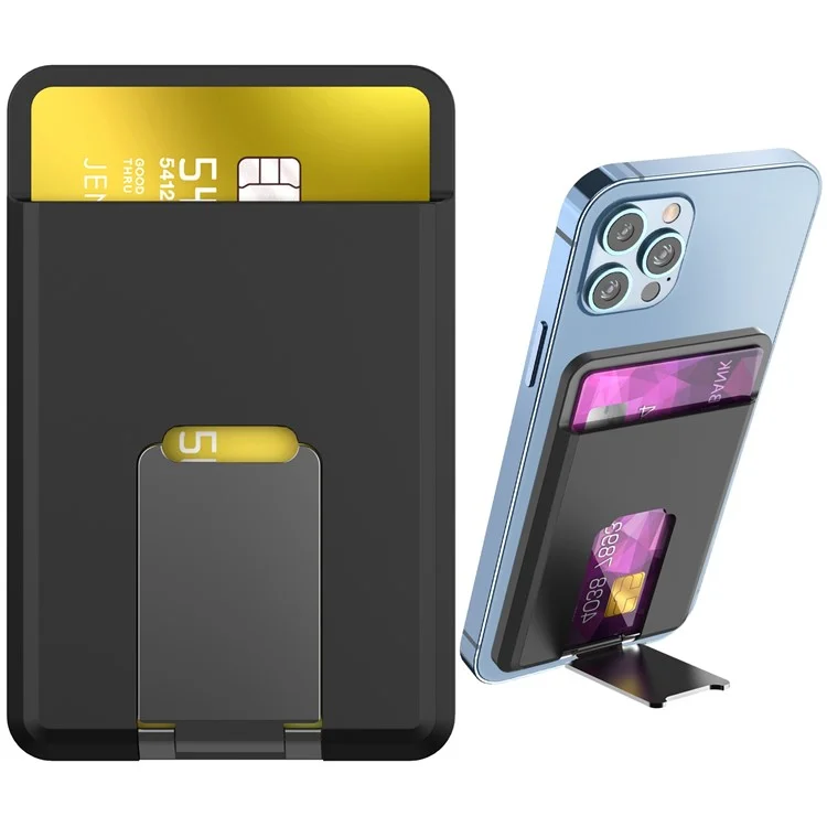 AHASTYLE PT133-H Magnetic Card Holder for iPhone 14 / 13 / 12 Series, Card Pocket Phone Stand  Bracket - Black