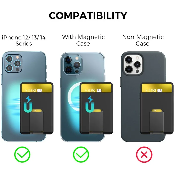 AHASTYLE PT133-H Magnetic Card Holder for iPhone 14 / 13 / 12 Series, Card Pocket Phone Stand  Bracket - Black