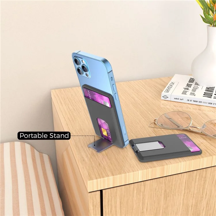 AHASTYLE PT133-H Magnetic Card Holder for iPhone 14 / 13 / 12 Series, Card Pocket Phone Stand  Bracket - Black