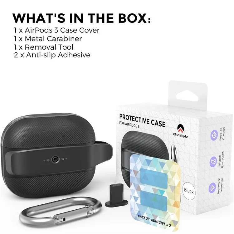 Ahastyle PT179 Écouteur de Protection Des Écouteurs Pour Apple AirPods 3, Bluetooth Ecoutphone Anti-scratch TPU + Silicone Cover Avec Carabiner - le Noir