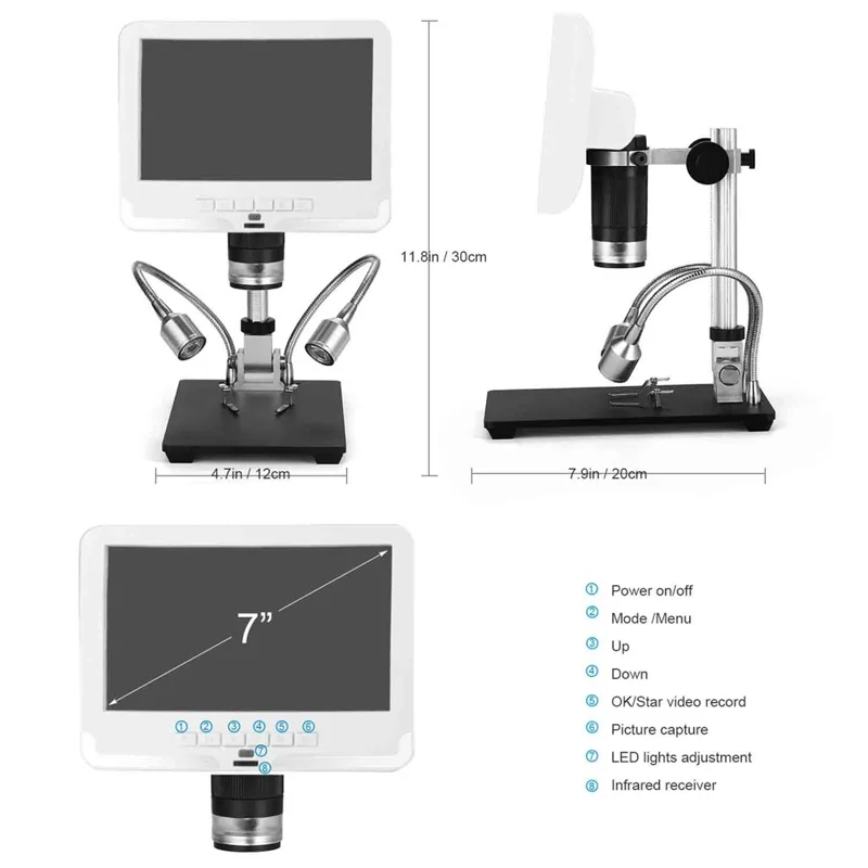 ANDONSTAR AD206 7-inch Digital Microscope 200X Magnification Soldering Tool for SMT PCB Watch Phone Repair with UV Filter - Black / US Plug