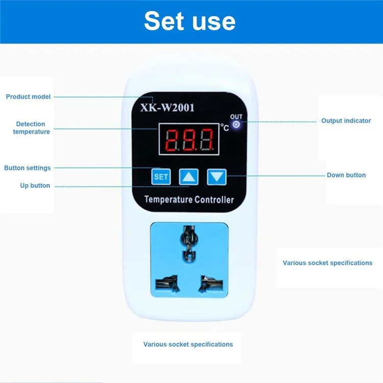 Controlador de Temperatura SMY-W2001 Pantalla Digital Inteligente Toma de Temperatura Ajustable Con Sonda Impermeable de 1 m - Enchufe de Ee. Uu.