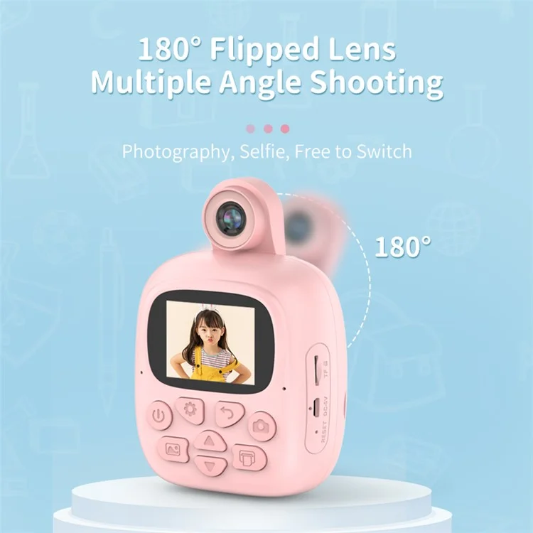 A18 Cute Kids Camera 2.0 inch 24M Pixel HD Instant Print Camera Portable Thermal Printing Camera with 180-Degree Flipped Lens for Children - Pink