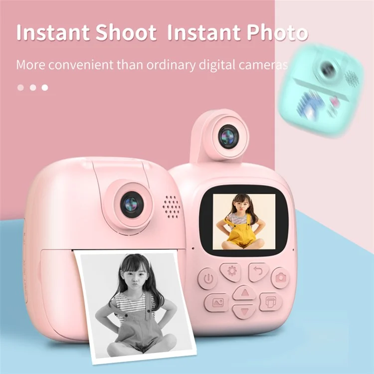 A18 Caméra Mignonne pour Enfants 2.0 pouces 24M Pixels Appareil Photo Instantané HD avec Impression Thermique Portable et Objectif Pivotant à 180 Degrés pour Enfants - Rose