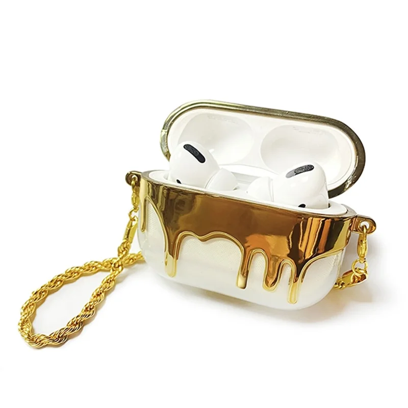A21 Para Apple AirPods Pro / AirPods Pro 2 Diseño de Botella de Perfume Electroplating TPU TPU Case Protector Con Correa de Cadena - Oro