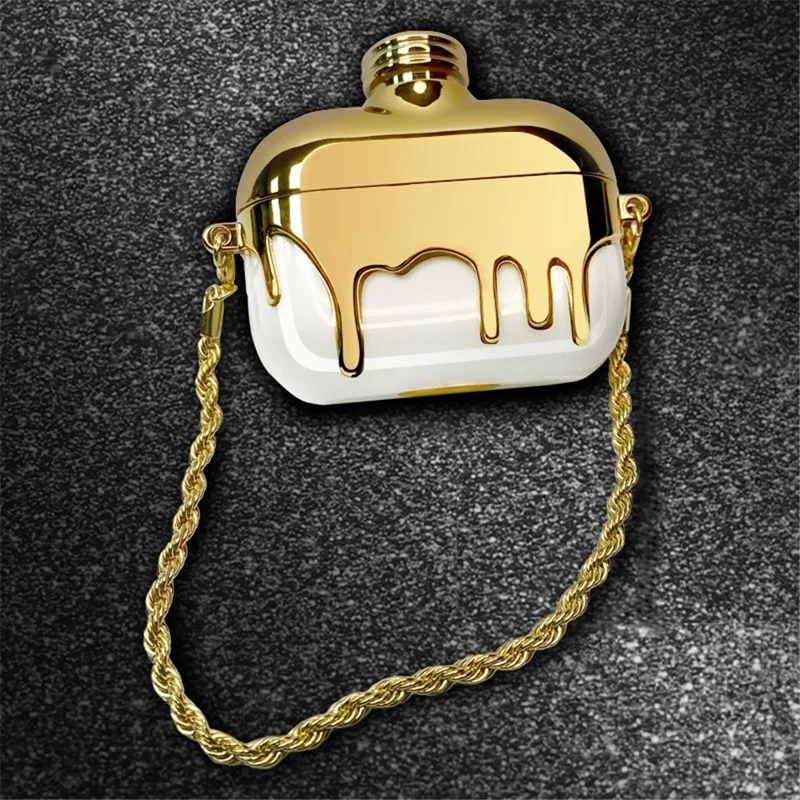 A21 Para Apple AirPods Pro / AirPods Pro 2 Diseño de Botella de Perfume Electroplating TPU TPU Case Protector Con Correa de Cadena - Oro