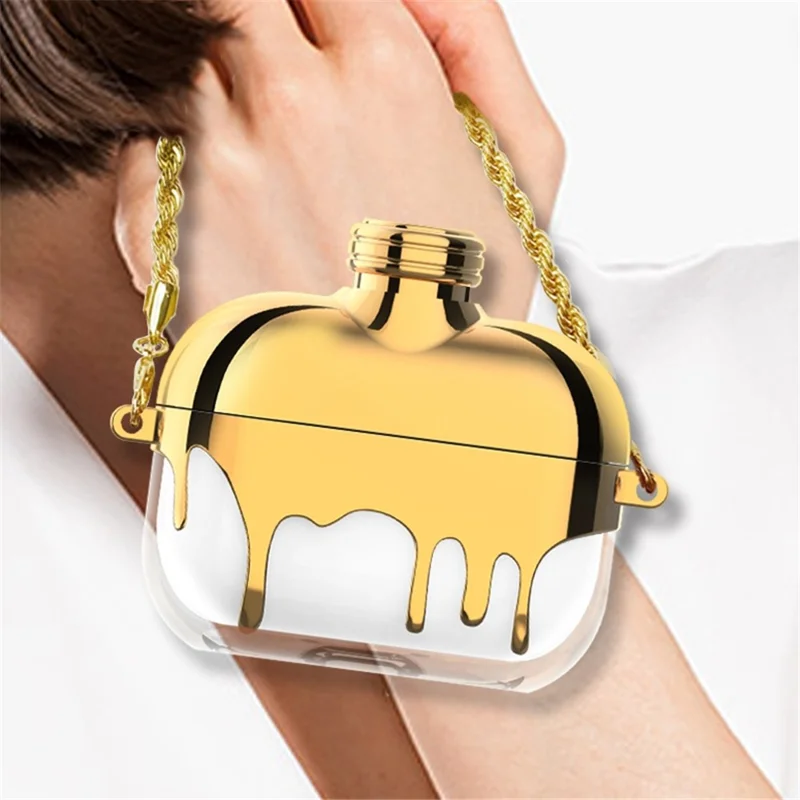 A21 Para Apple AirPods Pro / AirPods Pro 2 Diseño de Botella de Perfume Electroplating TPU TPU Case Protector Con Correa de Cadena - Oro