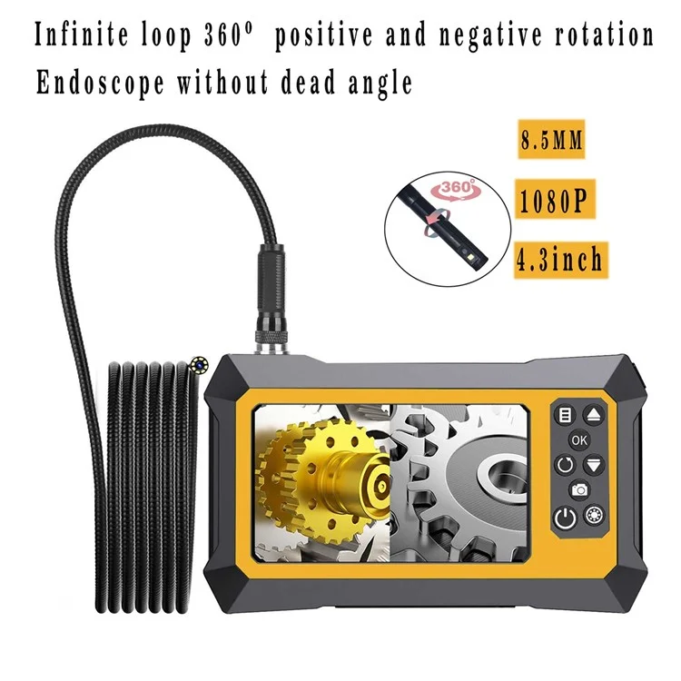 B317 5m Metal Wire 9-LED Waterproof Industrial Borescope Inspection Tool 8mm 360-Degree Rotation Dual-Lens 4.3-inch Screen Endoscope
