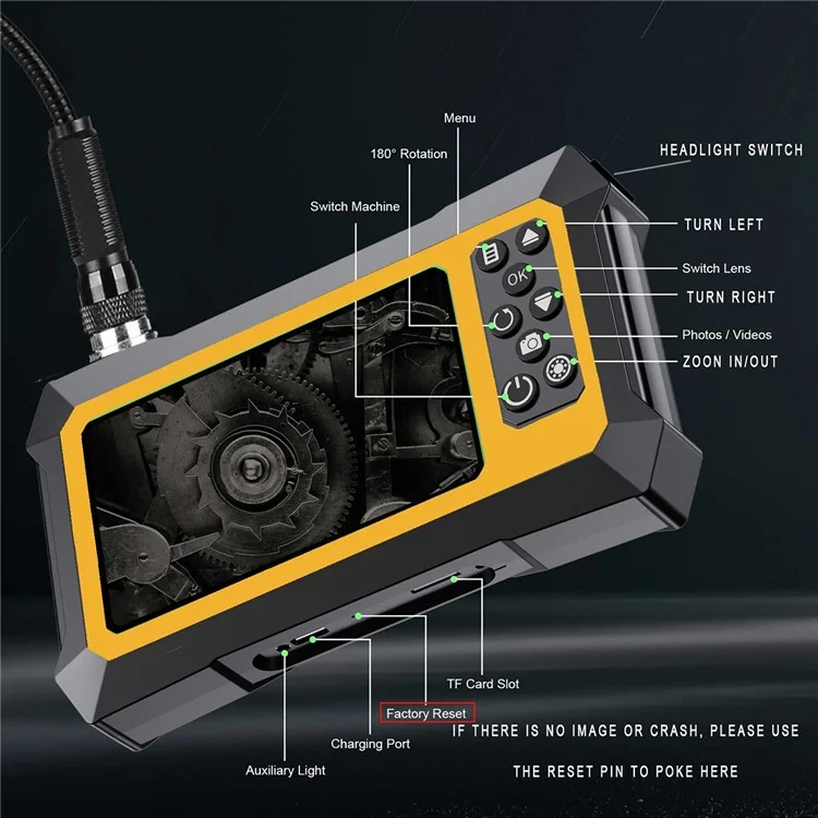 B317 5m Metal Wire 9-LED Waterproof Industrial Borescope Inspection Tool 8mm 360-Degree Rotation Dual-Lens 4.3-inch Screen Endoscope