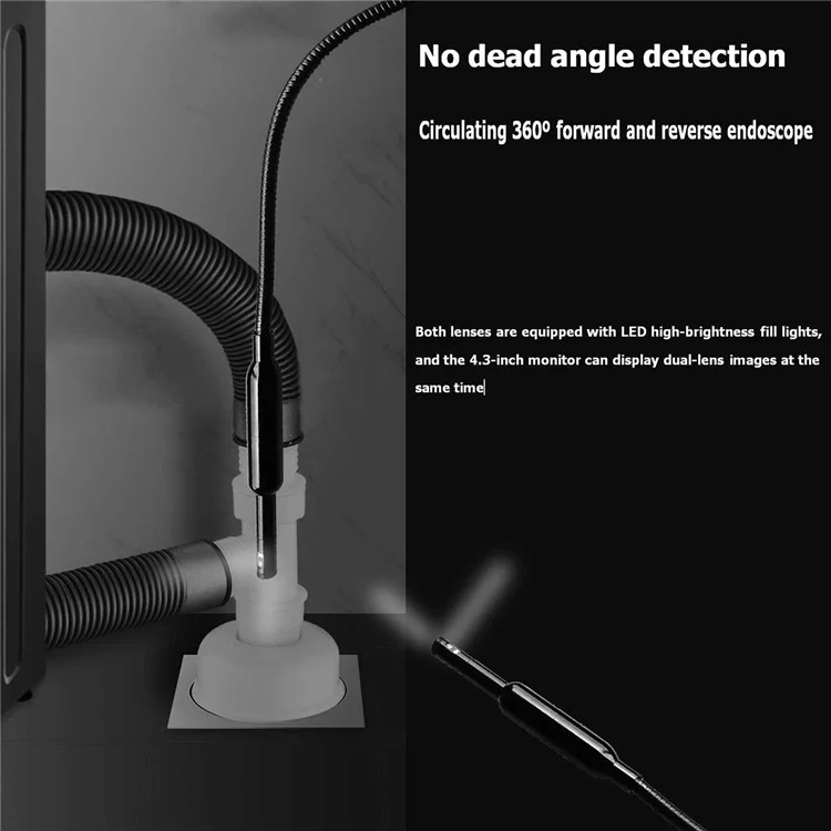 B317 5m Metal Wire 9-LED Waterproof Industrial Borescope Inspection Tool 8mm 360-Degree Rotation Dual-Lens 4.3-inch Screen Endoscope